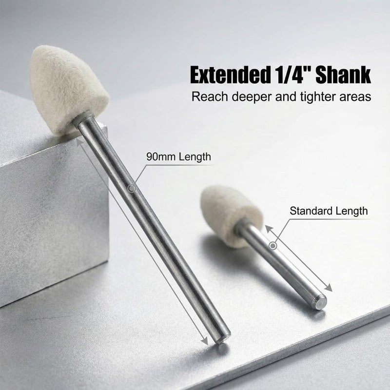 JUNLIXN 90mm Extended Shank Felt Polishing Bits, Extra Long 1/4'' Shank Compressed Wool Flet Polishing Kits for Rotary Tools, Drill (Pack of 9) - Image 3